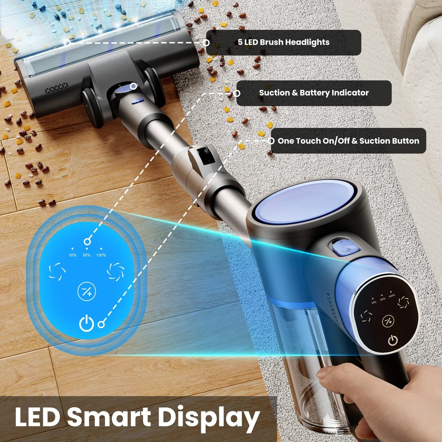 KISSAIR Cordless Vacuum Cleaner 50min 2200mah Lightweight 5.5lb Led Display Screen Stick Vacuum Cleaners for Home Hardwood Floor Carpet Pet Hair, Blue