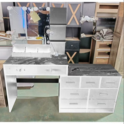Ktaxon Makeup Vanity with 9 Drawers, Vanity Desk with 3 Color Light, Vanity Table Set w/ Drawer Dresser, for Girls and Women, White