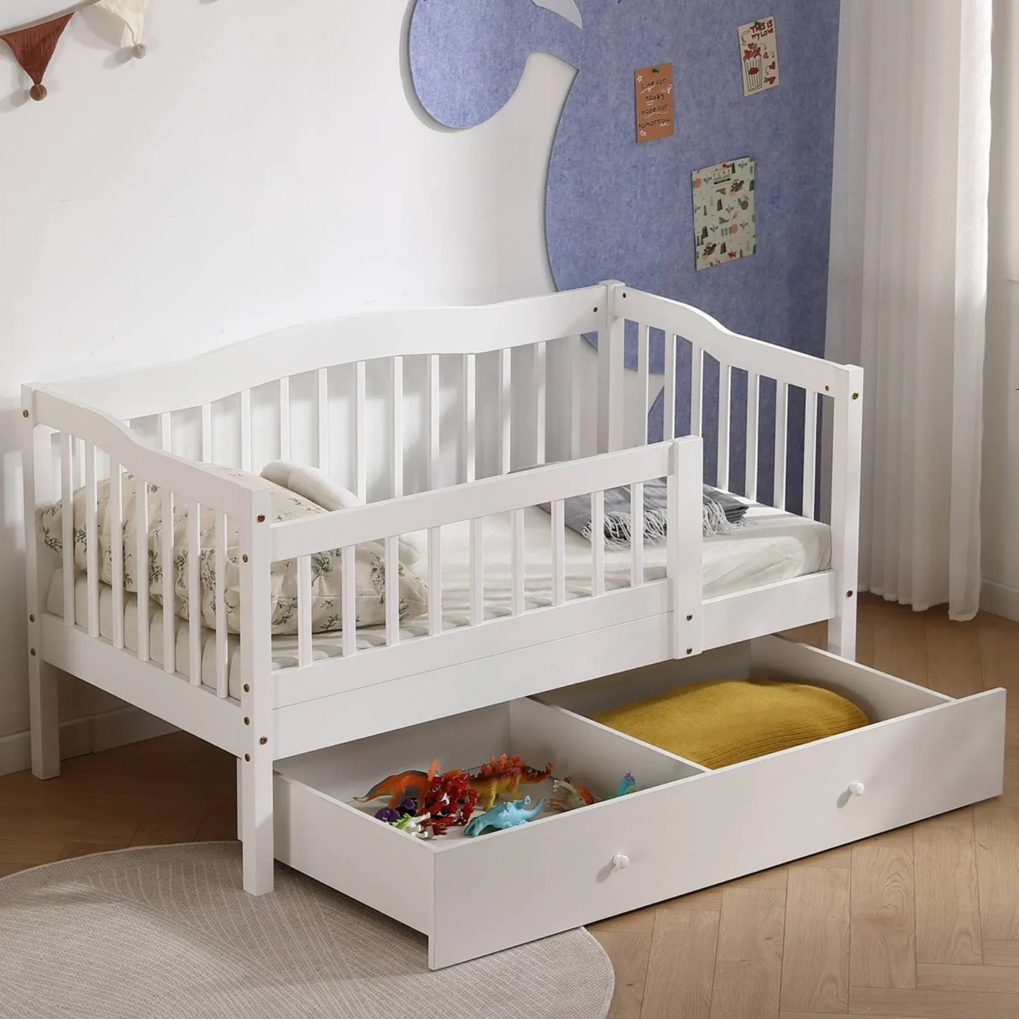 Zimtown Toddler Daybed, Wood Kids Day Bed Frame with Storage Drawer, Children Classic Sleeping Bedroom Furniture w/Safety Rail Fence (White)
