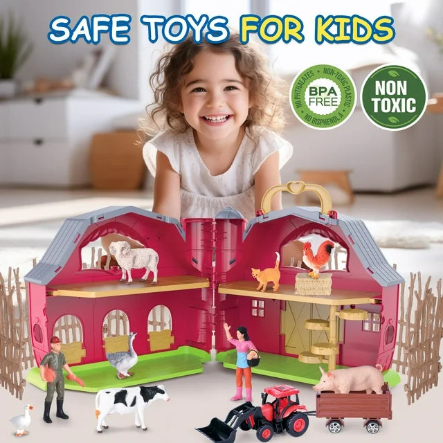 Big Red Barn Farm Playset for Toddlers Take Along Montessori Toys for Kids with Animals Figurines and 2 Stickers