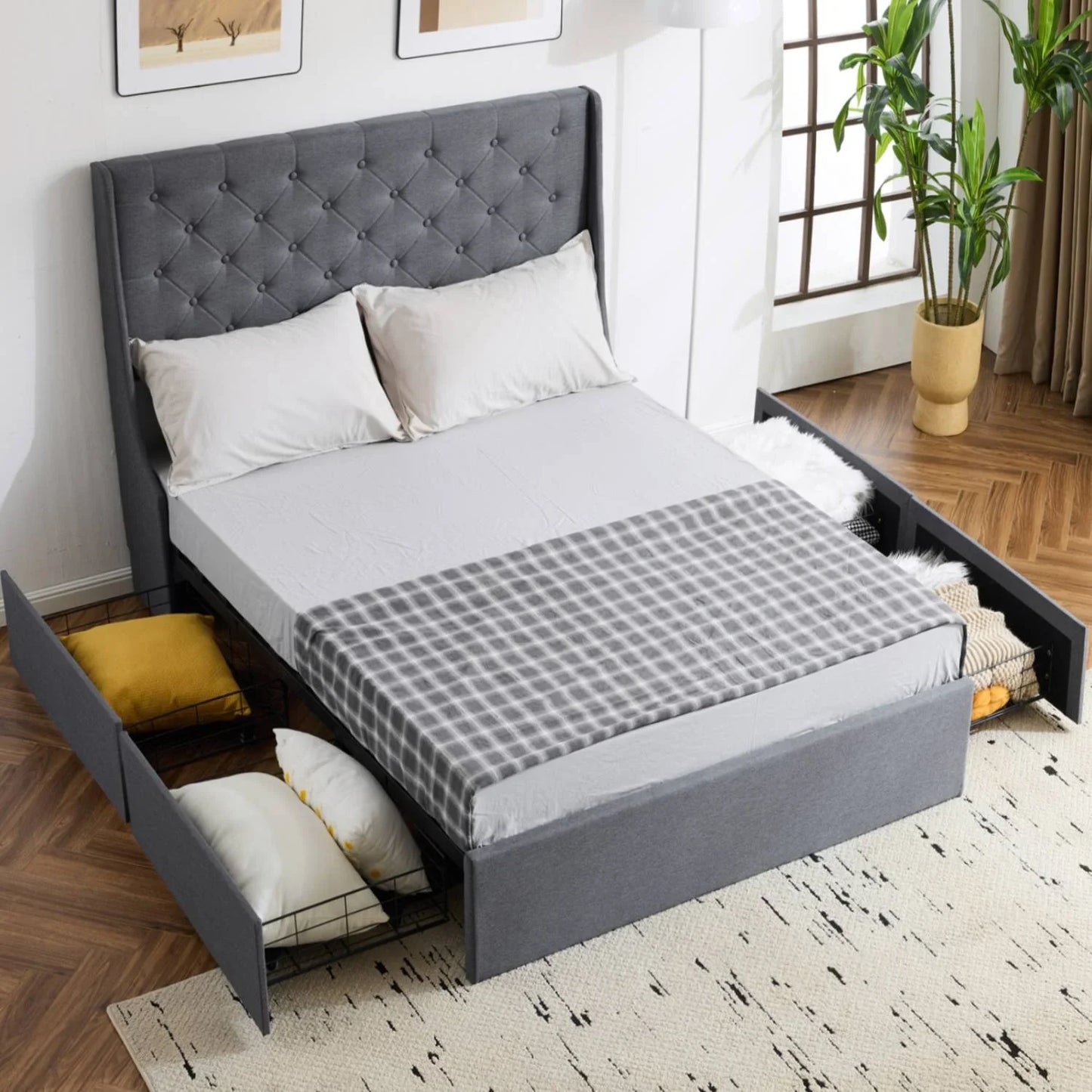 Zimtown Upholstered Full Platform Bed Frame w/ 4 Drawers, No Box Spring Needed, Gray