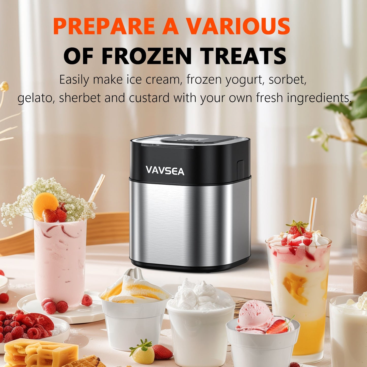 Ice Cream Maker with Three Modes, Frozen Yogurt Machine with LCD Screen & Timer, 1.6 Qt Double Insulated Freezer Bowl, Sorbet Maker, Stainless Steel
