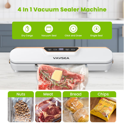 Vacuum Sealer, 62Kpa Food Sealer Machines with 4 Modes, Dry/Draw/Seal/Vac and 10Pcs Bags Starter Kit for Dry & Moist Food Storage Sous Vide