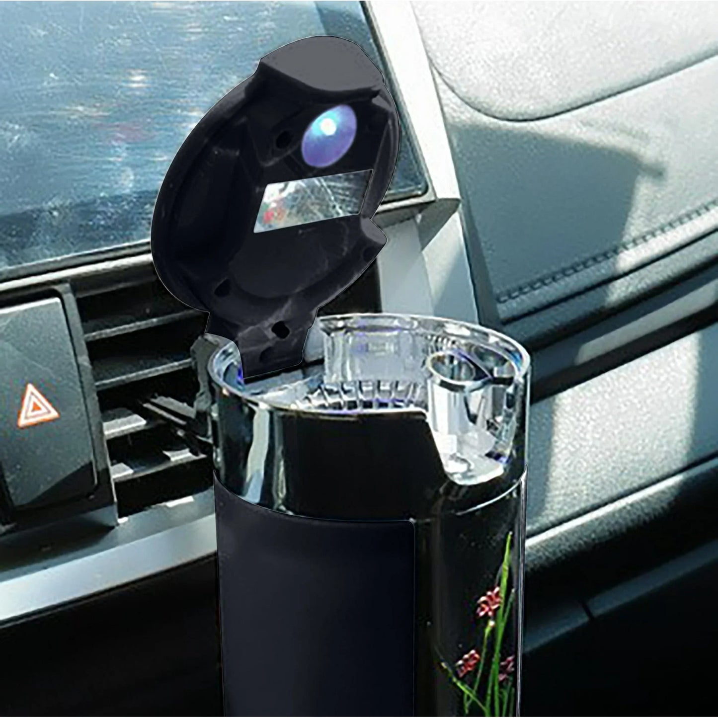 Aiteng Solar LED Car Ashtrays for Cup Holder Smell Proof with Lid Detachable Ashtray for Car Home Office, Black