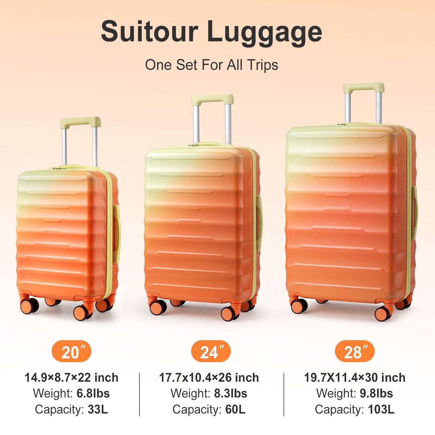 Zimtowm Luggage Sets 3 Piece Hardshell Gradient Color Suitcase with Spinner Wheels and TSA Lock Yellow Orange