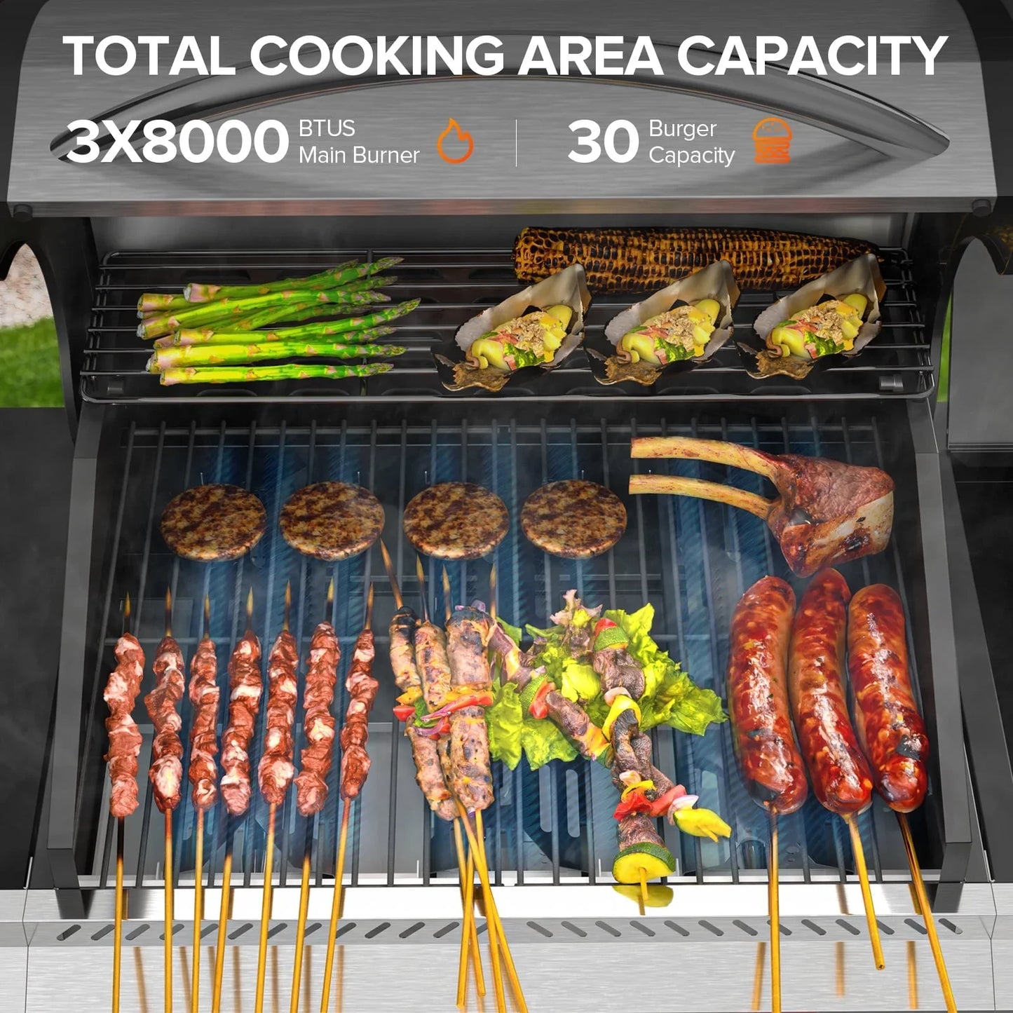 LHRIVER 3 Burner Gas Grill with Side Burner, Stainless Steel 345 In. Cooking Area Propane BBQ Grill