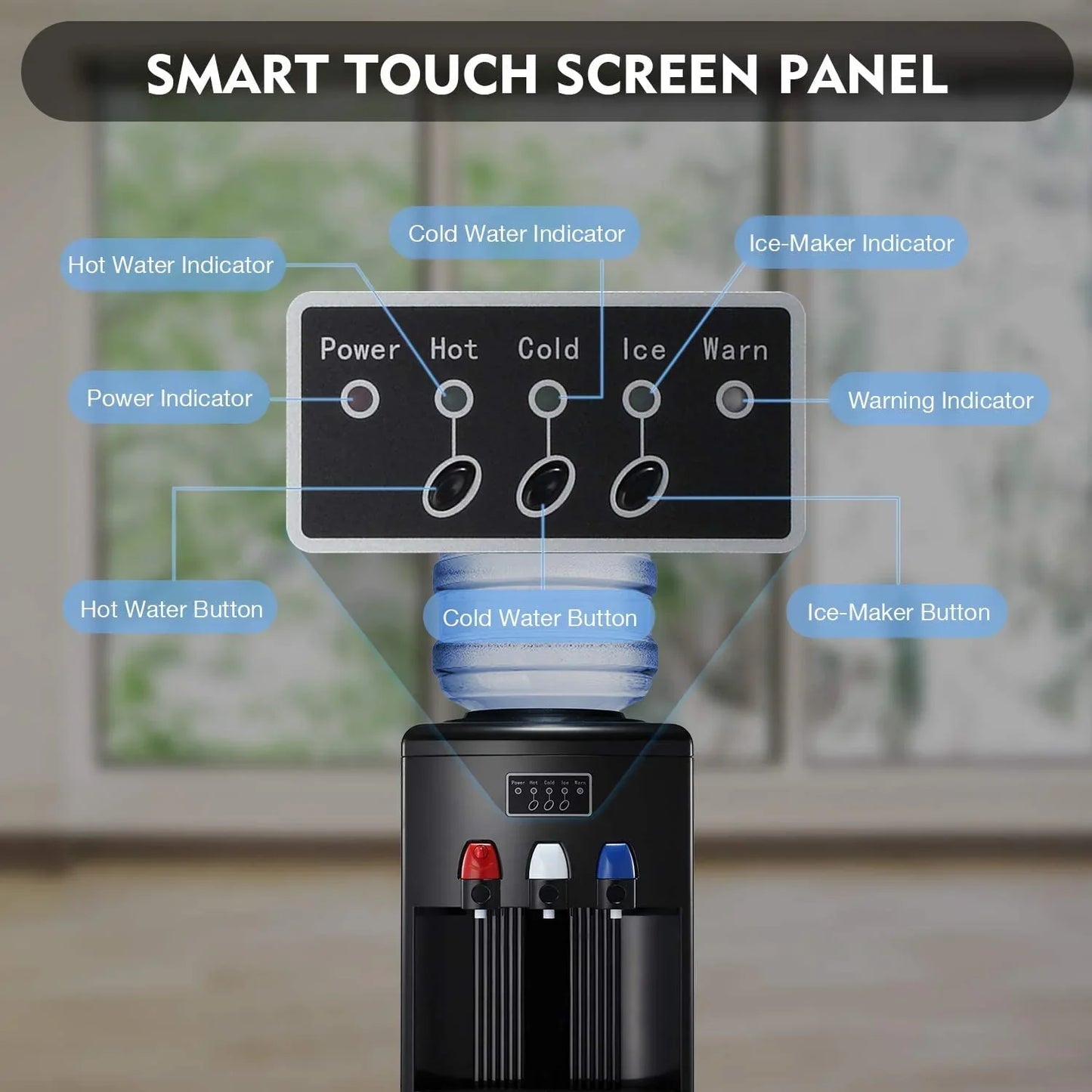 LHRIVER Water Dispenser with Ice Maker, 3-in-1 Water Dispenser for 5 Gallon Bottle, Water Cooler Dispenser Built-in Ice Maker with 3 Temperature Settings, Easy Cleaning, Child Lock-BLACK