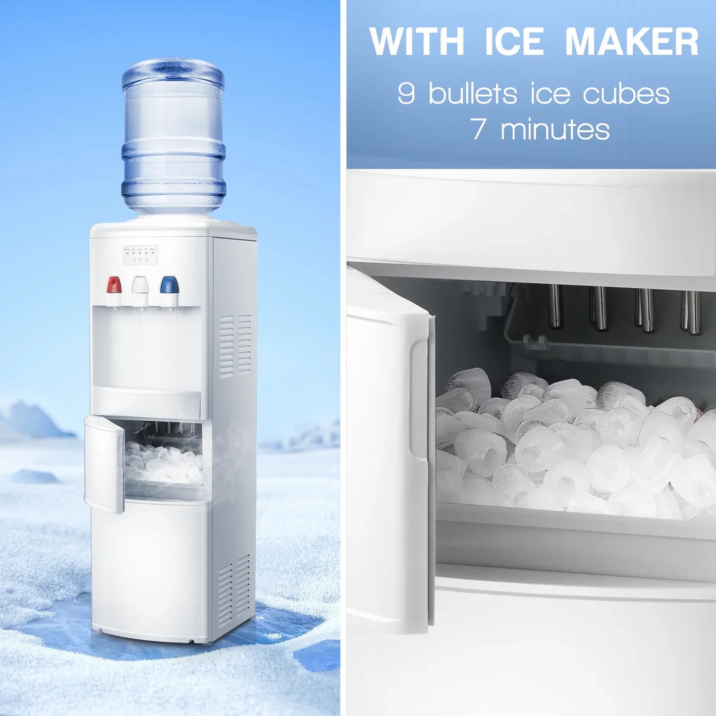 LHRIVER 5 Gallon Water Cooler Dispenser with Built-in Ice Maker, Top Loading Water Dispenser 3 in 1 Hot/Cold/Room Temperature, Child Lock,White