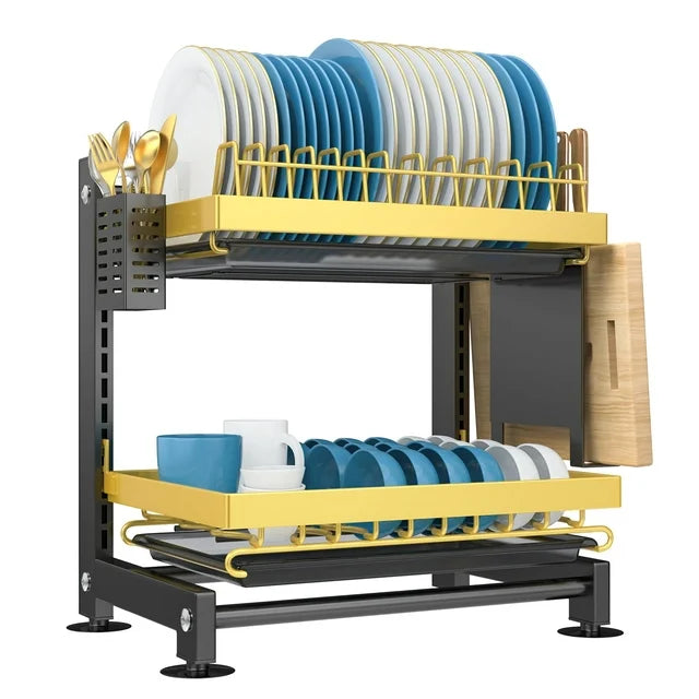 VAVSEA Dish Drying Rack for Kitchen Counter, 2 Tier Dish Rack, Rust-Proof Dish Drainer with Cutting Board & Utensil Holder, Stainless Steel, Black Gold