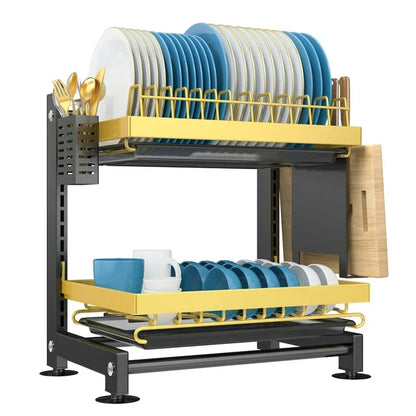 VAVSEA Dish Drying Rack for Kitchen Counter, 2 Tier Dish Rack, Rust-Proof Dish Drainer with Cutting Board & Utensil Holder, Stainless Steel, Black Gold