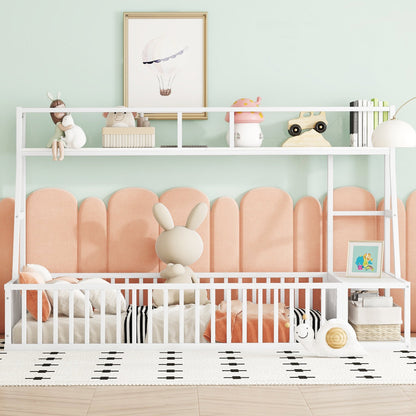 VLDTDRDI Twin Size Toddler Floor Bed with Desk and Storage Shelves,Playhouse Floor Bed Frame for Kids,Metal Floor Bed Twin Size with Safety Guardrails,Bed Twin Size for Girls,Boys