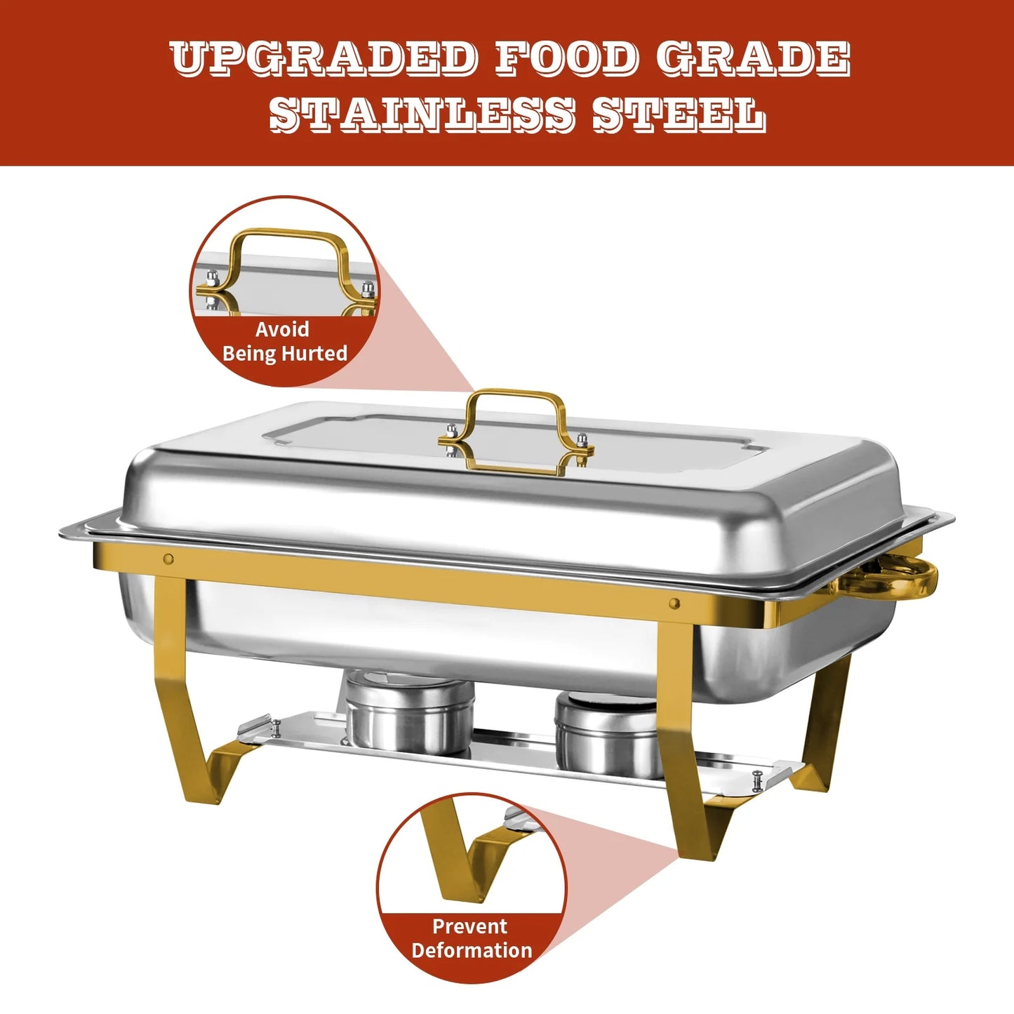 PRIJESSE Chafing Dishes for Buffet 4 Pack,9QT Elegant Gold and Silver Colors Stainless Steel Chafing Dish Buffet Set Chafers and Buffet Warmers Sets for Any Party with Complete Set