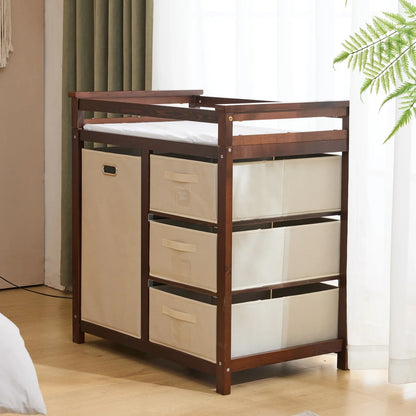 Baby Changing Table,Dresser Baby Diaper Changing Station with Laundry Hamper,Infant Nursing Table with 3 Storage Drawers,Removable Safety Rail & Strap for Bedroom,Brown