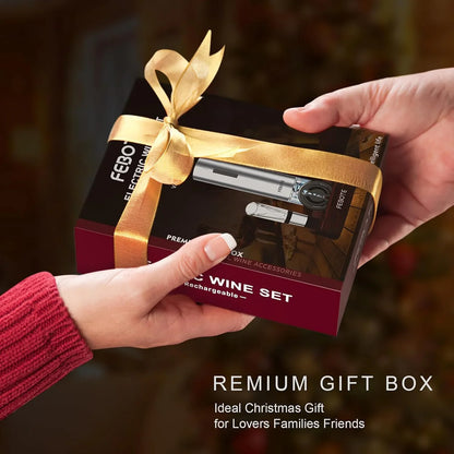 FEBOTE Electric Wine Opener Set with Wood Stand, Rechargeable Automatic Corkscrew w/2 Vacuum Wine Stoppers, Wine Aerator & Foil Cutter, Unique Gift