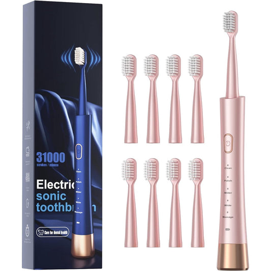 Electric Toothbrush for Adults, USB Rechargeable Toothbrush with 8 Brush Heads, Smart Timer, 5 Modes, 2-hour Fast Charge Last 30 Days, Pink