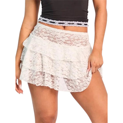 Peyakidsaa Women's Summer Lace Skirt Low Rise Tiered Flowy Short Skirts A Line Mini Skirt