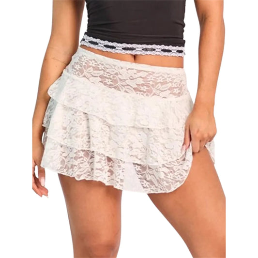 Peyakidsaa Women's Summer Lace Skirt Low Rise Tiered Flowy Short Skirts A Line Mini Skirt