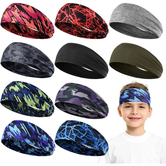 10 Pcs Headbands Athletic Sweatbands,Kids Breathable Headbands , Elastic Sweat Headband for Girls Boys child Football Basketball Running Exercise