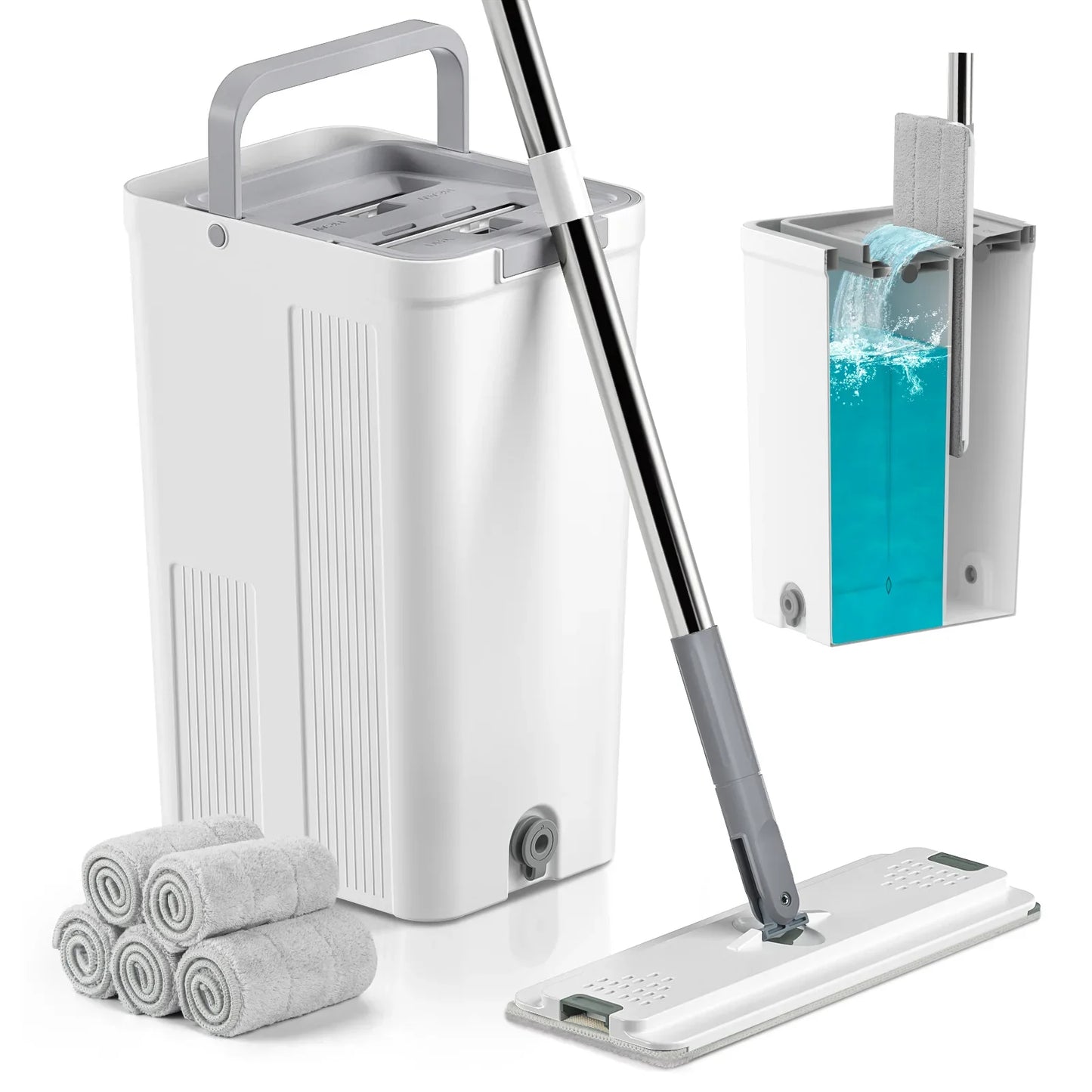Mop and Bucket with Wringer Set, Hands Free Flat Floor Mop and Bucket, 60" Mop with 4 Reusable Microfiber Pads, Wet and Dry Use, Floor Cleaning System