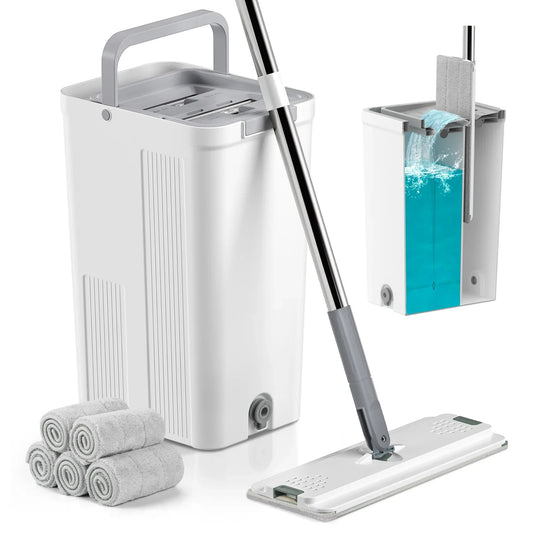 Mop and Bucket with Wringer Set, Hands Free Flat Floor Mop and Bucket, 60" Mop with 4 Reusable Microfiber Pads, Wet and Dry Use, Floor Cleaning System