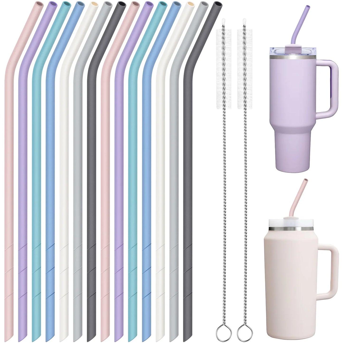 NiHome 14PCS Silicone Straws for Stanley 40oz 30oz Tumbler, 14" Extra Long Reusable Drinking Straw,Straws Flexible Can Cut Length for 1/Half Gallon 64OZ Large Water Bottle-2 Cleaning Brushes(Macaron)