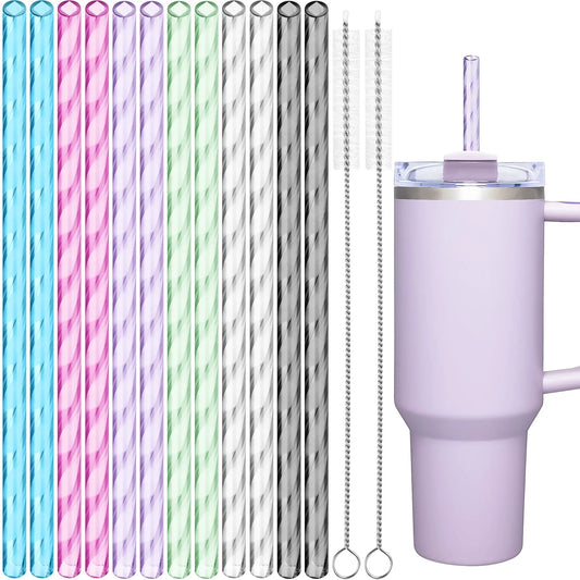 NiHome 12PCS Wave Pattern Plastic Drinking Straws for Stanley 40oz Tumbler with 2 Cleaning Brushes, 12" Long Durable PETG BPA-Free & Non-Toxic for Water, Cold Drinks, Milkshakes(Mixed Colors)