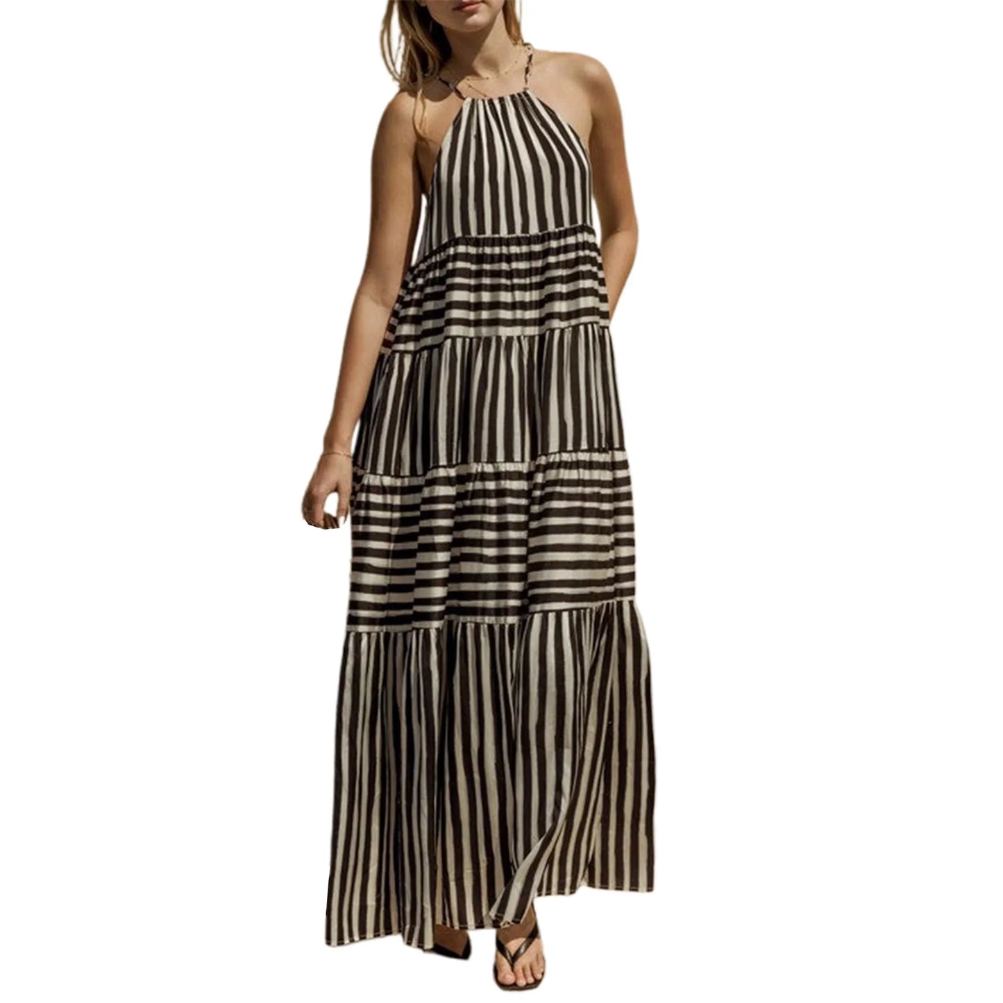 Peyakidsaa Summer Savings Clearance Women Slip Dress,Sleeveless Tie-up Striped Dress Maxi Long Dress Sundress