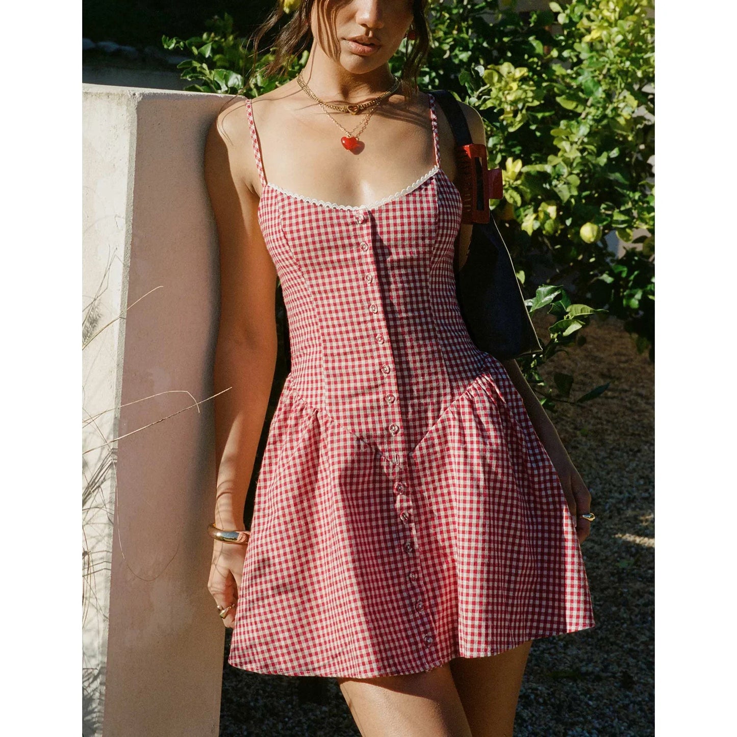 Peyakidsaa Savings Clearance Women Summer Cami Dress Spaghetti Strap Plaid Sweetheart Neck Sleeveless Button-down A-Line Short Dress