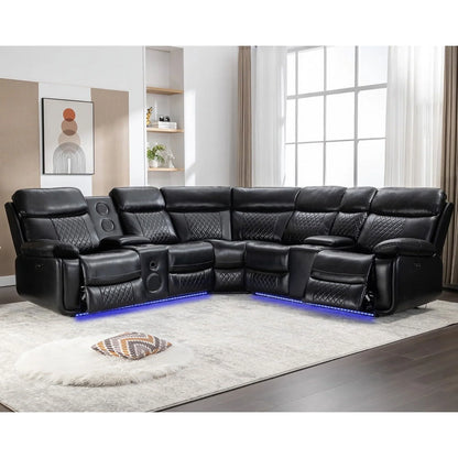 Comfort Stretch 5 Seats Power Recliner Sofa Sets with Speaker,Black Faux Leather Reclining Sectional Couch for Living Room Furniture Sets with USB Port,Storage Console,Cup Holders,LED Lights