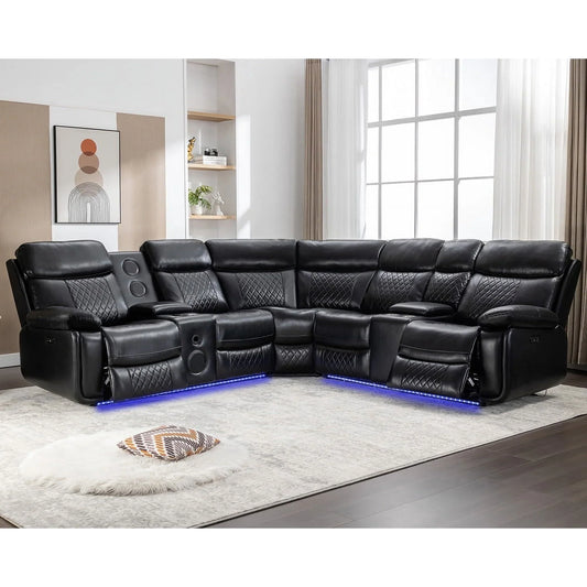 Comfort Stretch 5 Seats Power Recliner Sofa Sets with Speaker,Black Faux Leather Reclining Sectional Couch for Living Room Furniture Sets with USB Port,Storage Console,Cup Holders,LED Lights