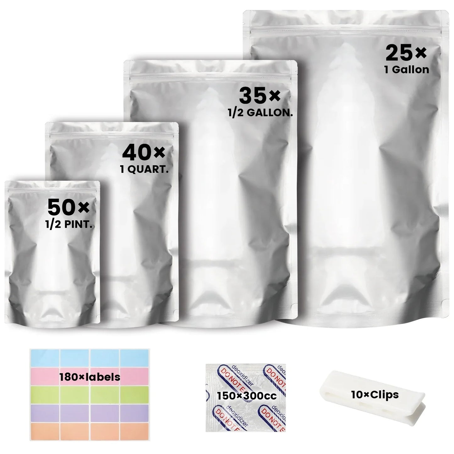 150Pcs Mylar Bags, 4 Size Smell Proof Bags with 150x300cc Oxygen Absorbers, 180 Labels for Small Business and Food Storage (50 Bags 4.3"x6.3", 40 Bags 6"x9", 35 Bags 7.5"x11.5", 25 Bags 10"x14")