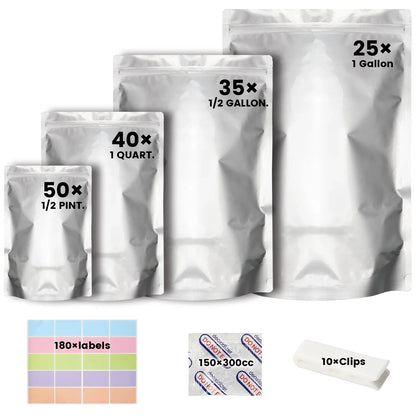 150Pcs Mylar Bags, 4 Size Smell Proof Bags with 150x300cc Oxygen Absorbers, 180 Labels for Small Business and Food Storage (50 Bags 4.3"x6.3", 40 Bags 6"x9", 35 Bags 7.5"x11.5", 25 Bags 10"x14")