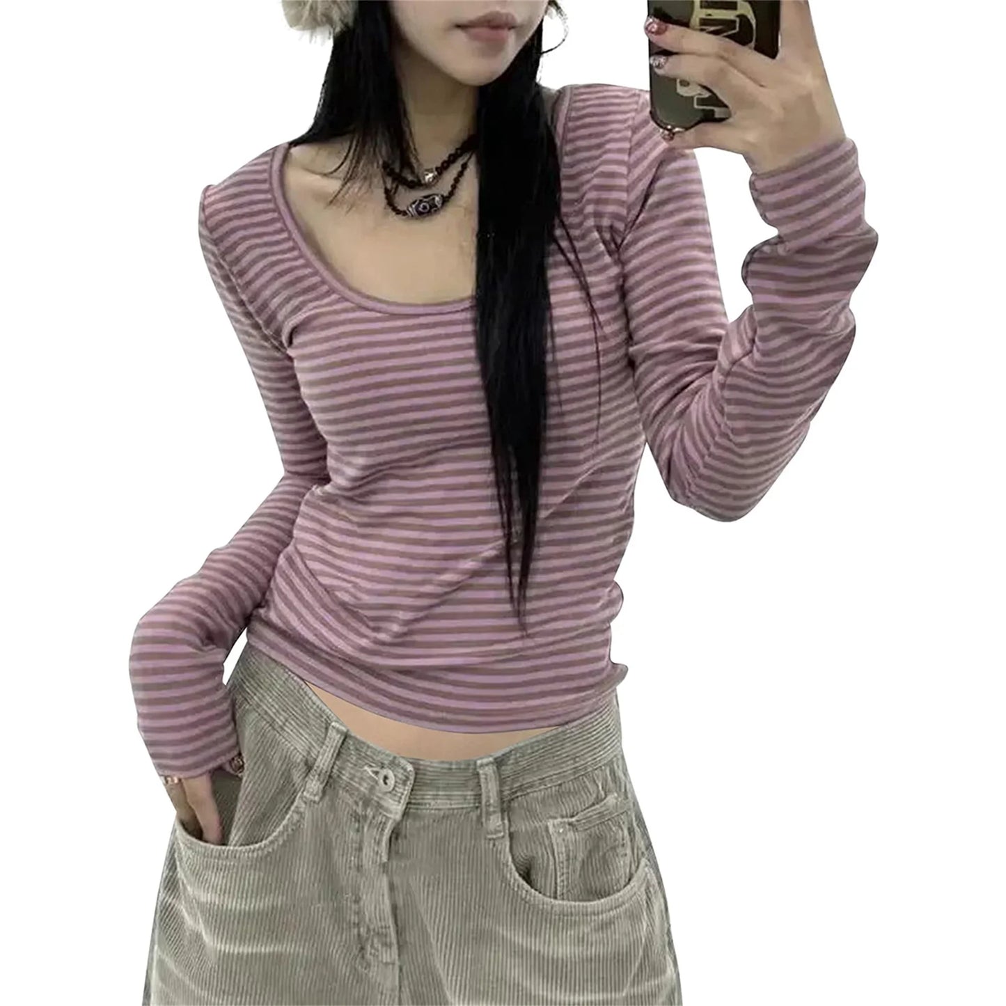 Peyakidsaa Women Long Sleeve T-shirt,Scoop Neck Ladies Fall Striped Casual Tops Streetwear