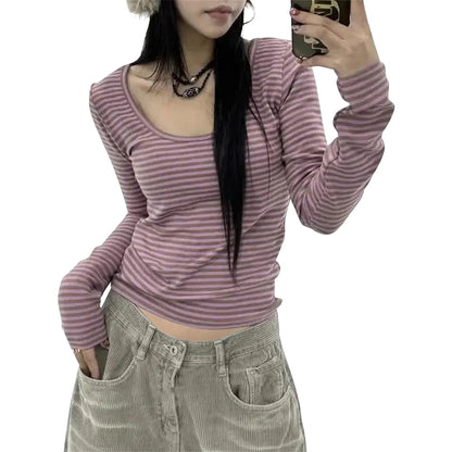 Peyakidsaa Women Long Sleeve T-shirt,Scoop Neck Ladies Fall Striped Casual Tops Streetwear