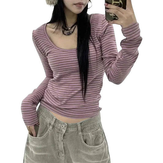 Peyakidsaa Women Long Sleeve T-shirt,Scoop Neck Ladies Fall Striped Casual Tops Streetwear