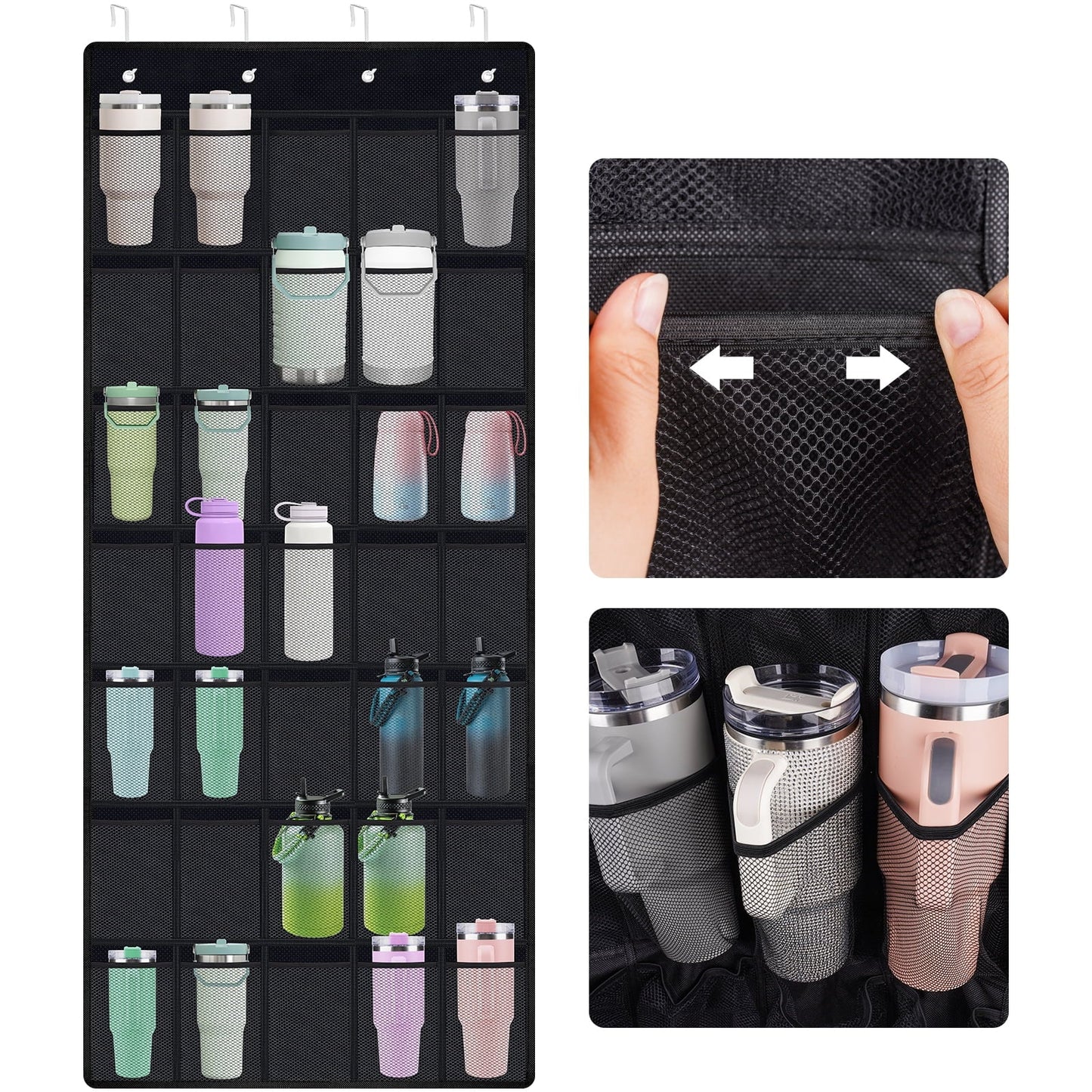 NiHome 35 Pockets Door Hanging Tumbler Organizer for Stanley in Kitchen, Pantry, Bedroom, Bathroom, Multi-Functional Large Capacity Elastic Mesh Secure Storage Cup Holder, Foldable for Home and RV