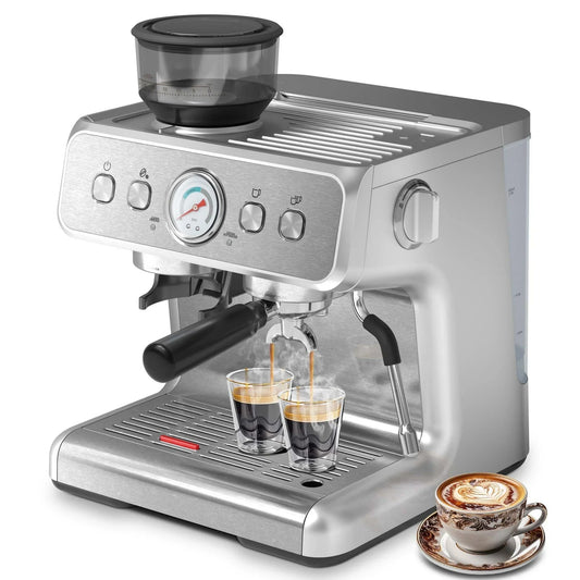 Auseo Coffee Machine with Conical Burr Grinder and Steam Wand, 1&2 Cups, Espresso/Cappuccino/Latte/Mocha for Home, Silver