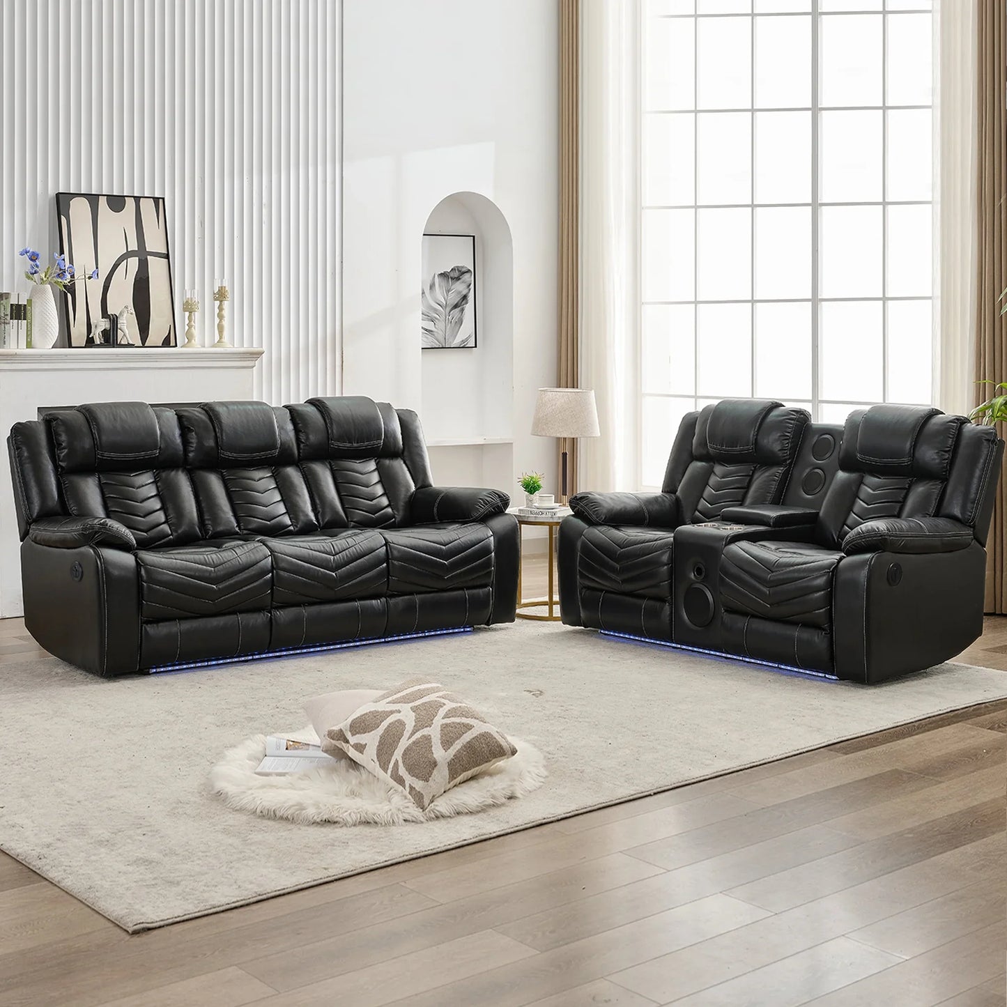 Power Recliner Sofa Sets with Bass Speaker,Wireless Charger,LED Light Manual Reclining Living Room Furniture Sets