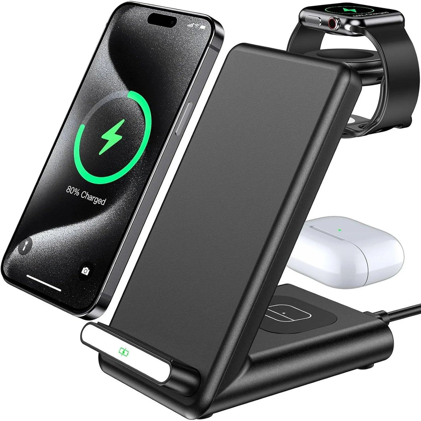 Wireless Charging Station,3 in 1 Wireless Charging Stand Made for Apple Watch Ultra 9 8 7 6 SE 5 4 3,Fast Wireless Charger Made for iPhone 15/Plus/Pro Max/14/13/12/11/X,for AirPods Pro(with Adapter)
