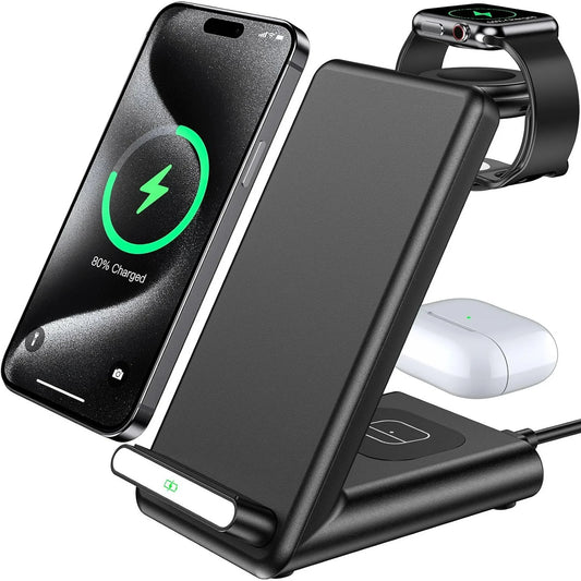 Wireless Charging Station,3 in 1 Wireless Charging Stand Made for Apple Watch Ultra 9 8 7 6 SE 5 4 3,Fast Wireless Charger Made for iPhone 15/Plus/Pro Max/14/13/12/11/X,for AirPods Pro(with Adapter)