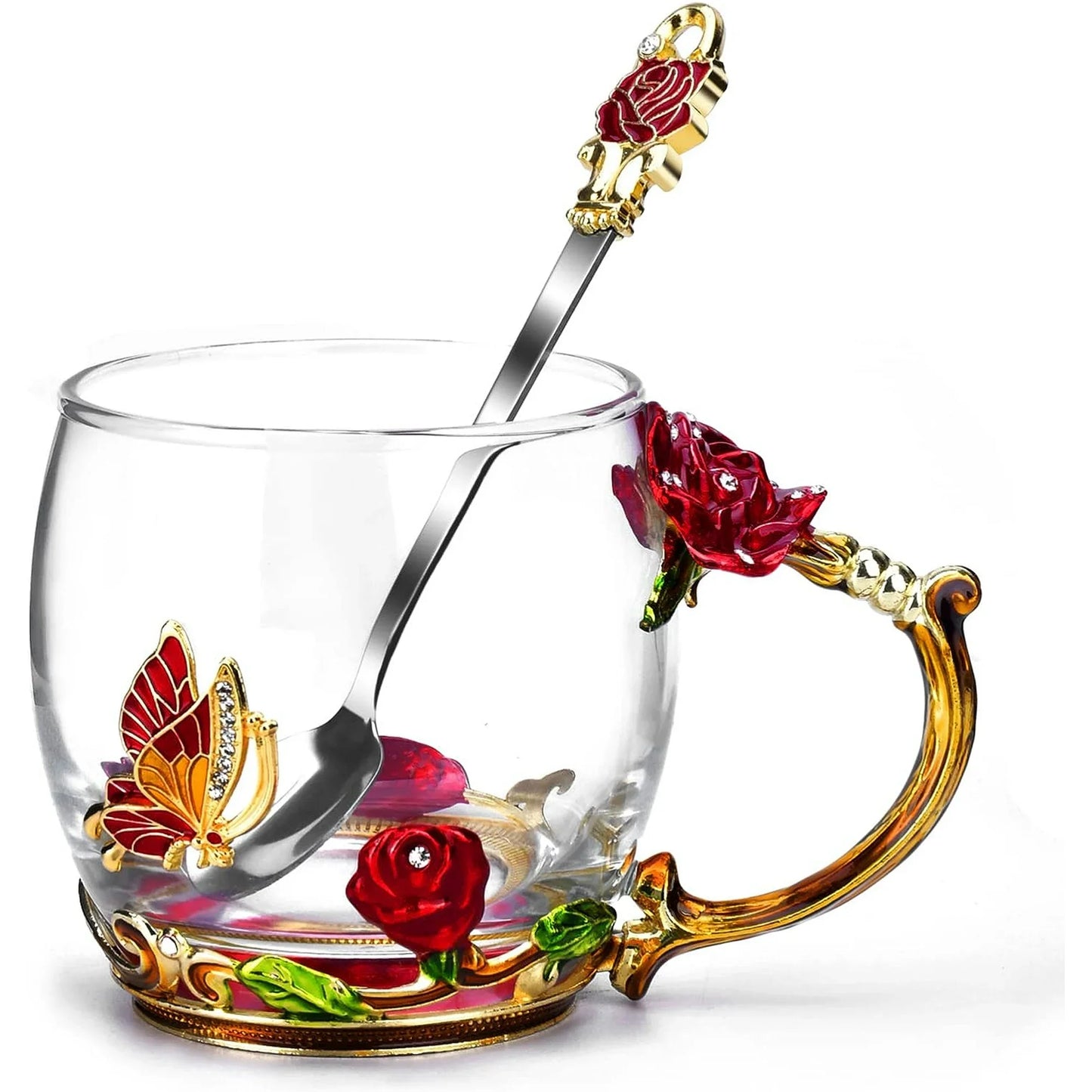 Gifts for Women Glass Coffee Enamel Mug Gifts Set, Best Birthday Butterfly Rose Gifts for Women Mom Mothers Day Valentines Day Christmas Anniversary, Lead-Free Red Tea Cup with Spoon Set