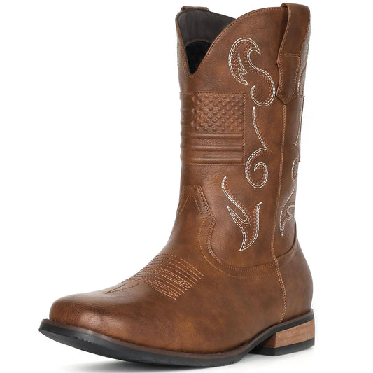 IUV Cowboy Boots For Men Western Boot Classic American Flag Embroidered Square Toe Mid-Calf Boots