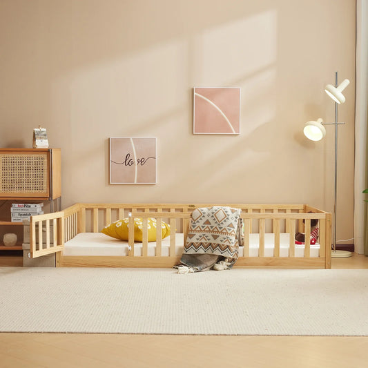 Ktaxon Montessori Twin Floor Bed with Safety Guardrails, Toddler Bed Frame for Kids, Wood Frame - Nature