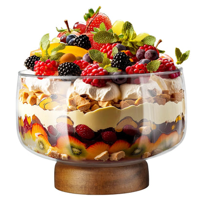 NiHome 123oz Large Glass Trifle Bowl with Elegant Acacia Wood Stand, Versatile Serving Dish for Cakes, Salads, Desserts, Stylish Display for Parties, Weddings, Special Occasions, Durable