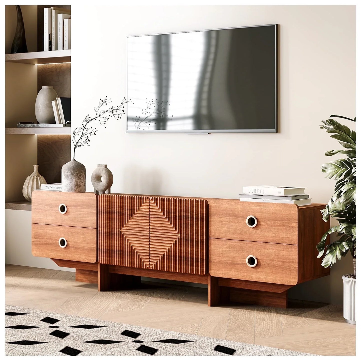 JOINICE Mid Century Modern Boho Media TV Stand, with 4 Drawers, for Living Room,Bedroom