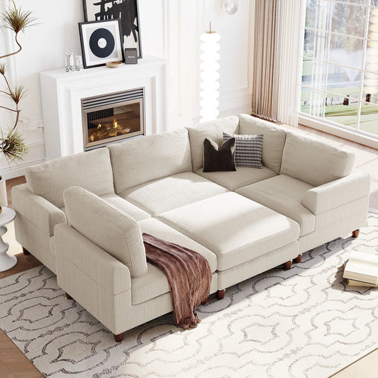 Churanty Modular Sectional Sofa with Ottoman,Oversized 3 Seat Free Combination Corduroy Couch Sofa with Chaise for Living Room,Beige
