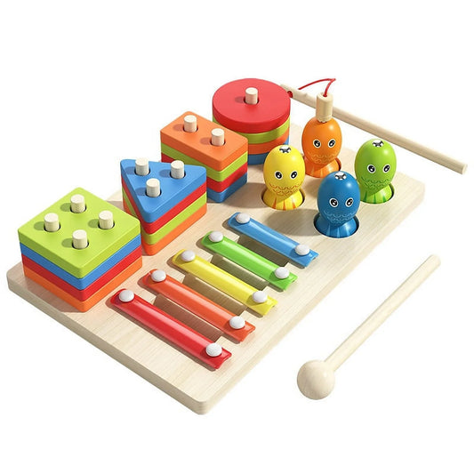 3 in1 Montessori Toys for 1 to 3-Year-Old Boys Girls Toddlers and Preschool, Wooden Fishing Sorting & Stacking Educational Toys, Color Recognition Stacker Shape Sorter, Learning Puzzles Gift