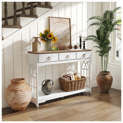 JOINICE 43" Console Table with Drawers for Entryway, Farmhouse Wood Table with Shelf, Fireplace,White