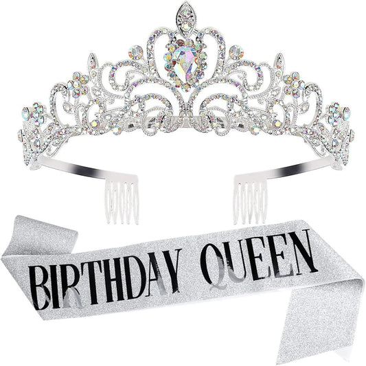 HOWAF Birthday Tiara for Women, Tiara for Women AB Rhinestone, Happy Birthday Queen Tiara for Women Birthday Crown Sash 2 Pack, Silver