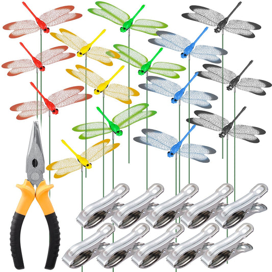 NiHome 15PCS Decorative Dragonfly Clips Decor for Garden, 9.8" Long Multicolor Waterproof Outdoor & Indoor Use, Versatile Clip-On Plant Decoration & Fly Deterrent, Includes Pliers for Easy Attachment